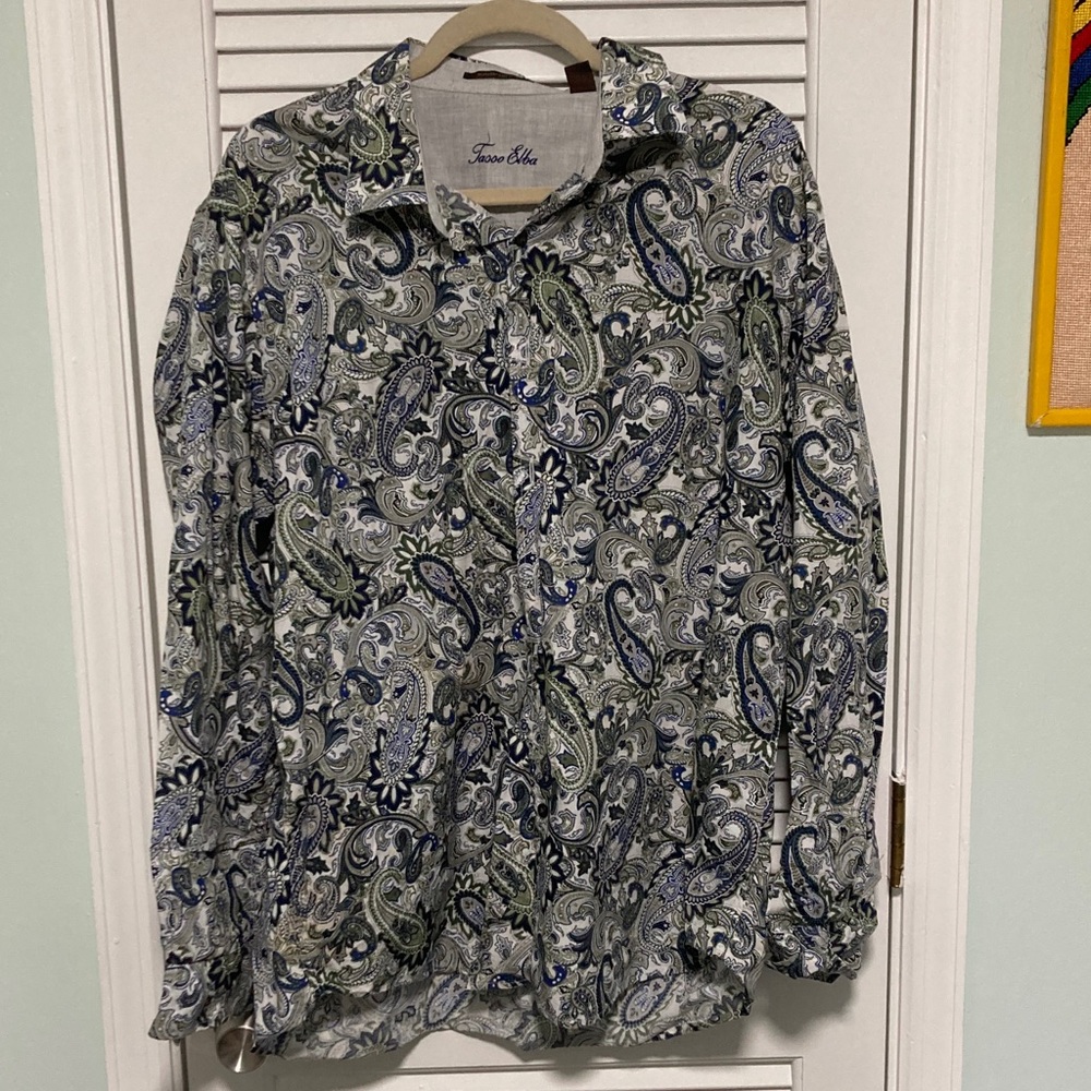 Tasso Elba Men's Casual Paisley Shirt - Blue, Green, and White